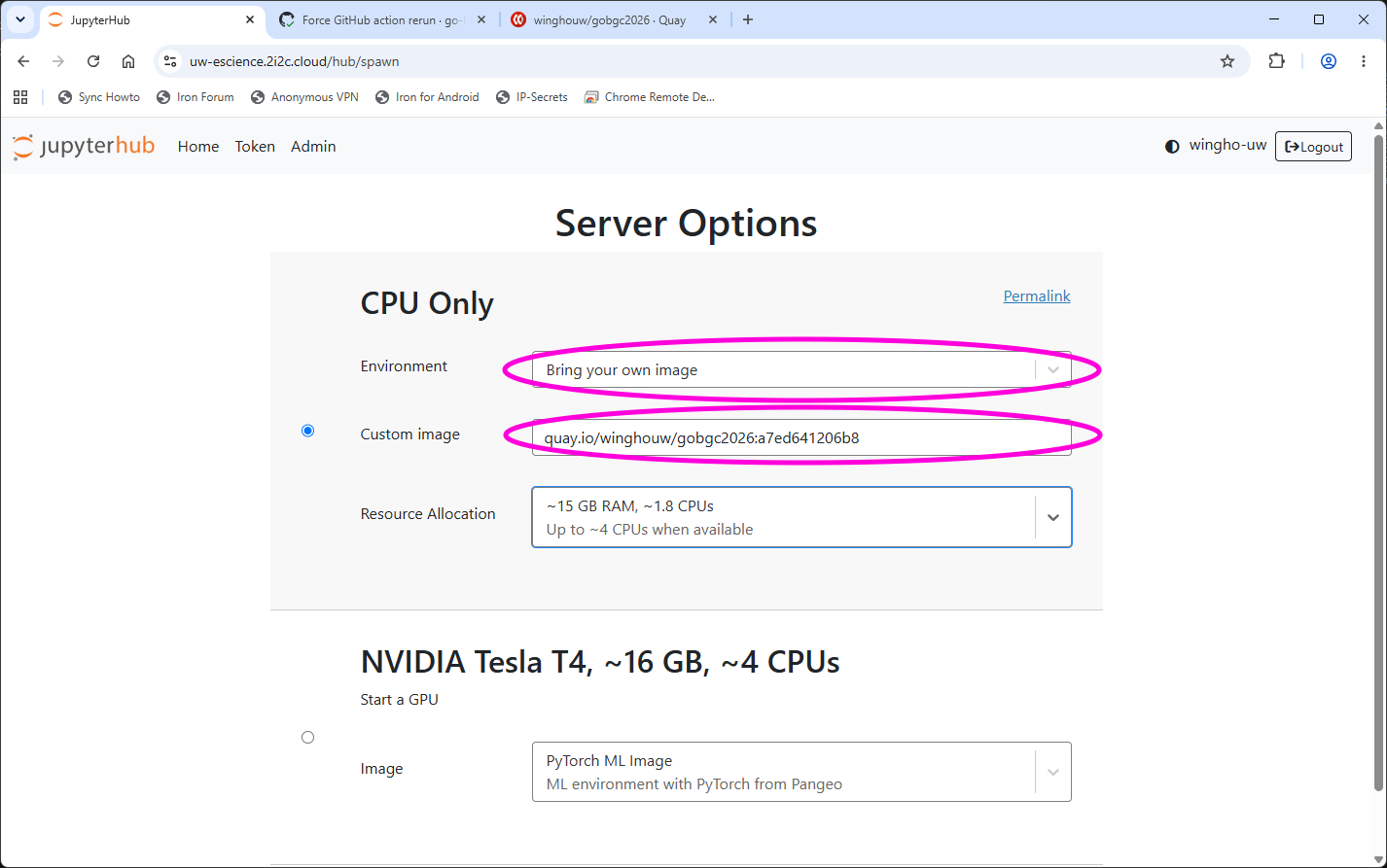Selecting custom image in UW eScience JupyterHub spawn page