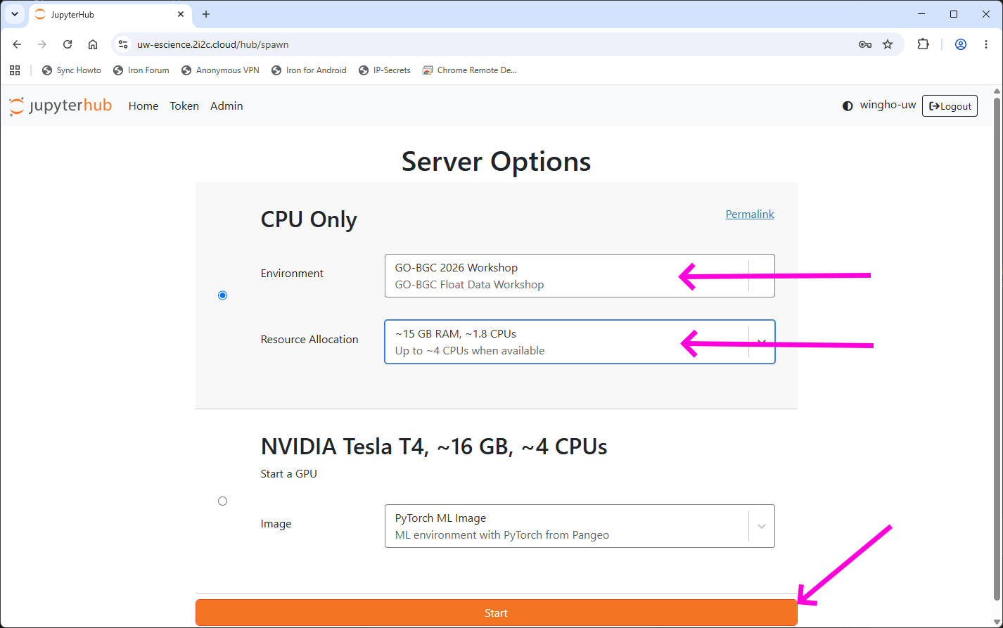 UW eScience server spawning page
