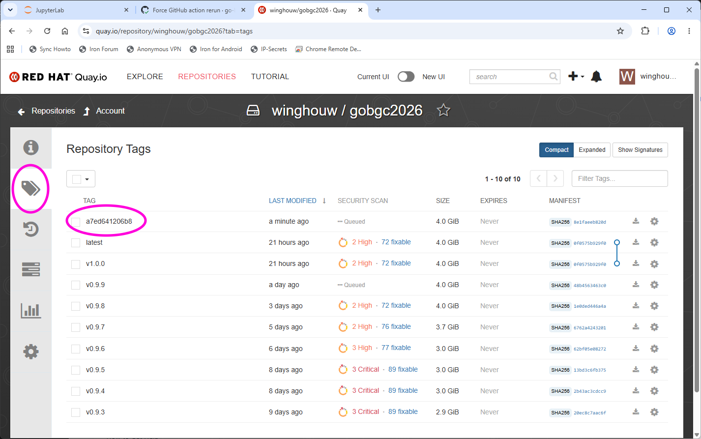 Quay.io tag page