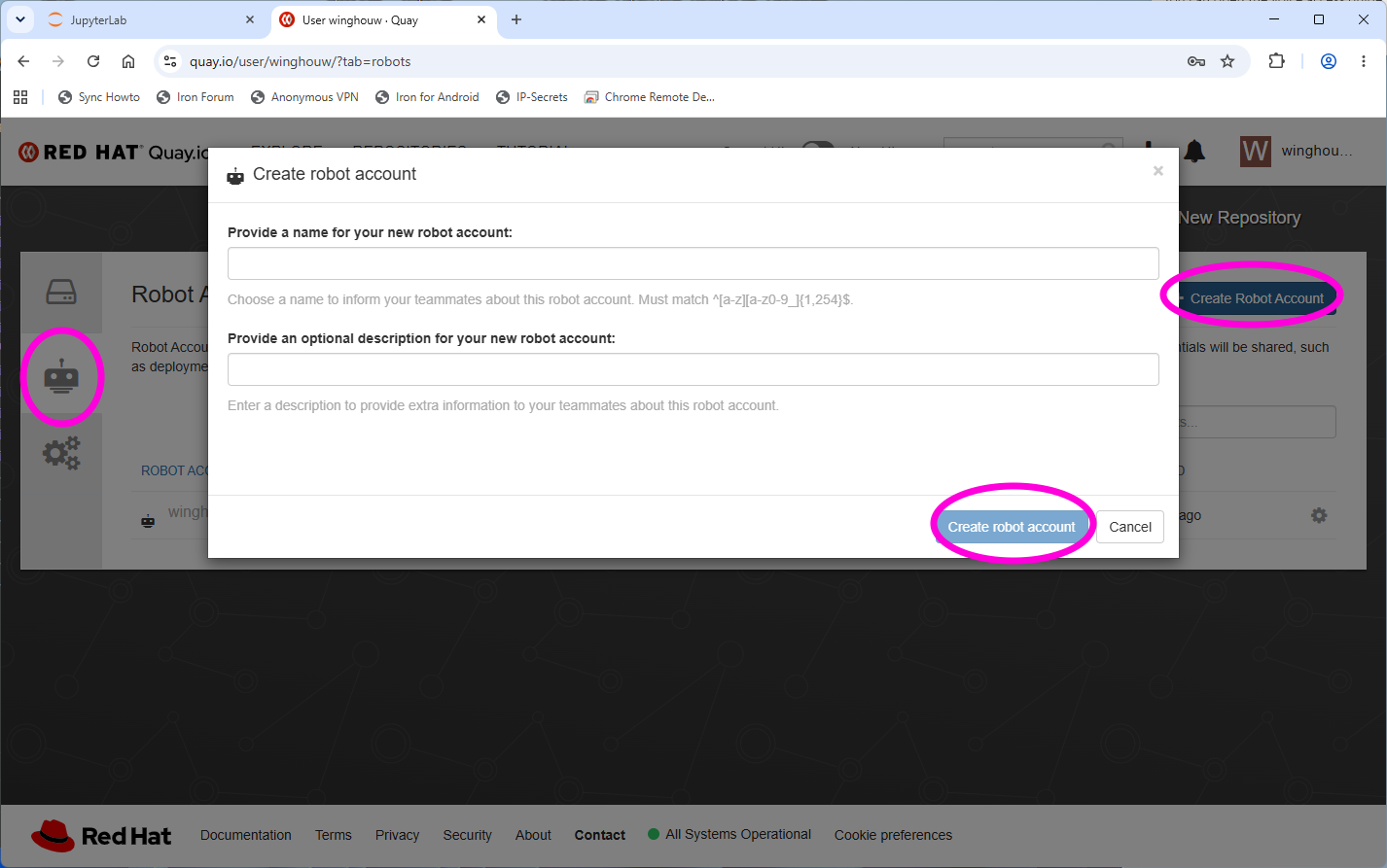 Creating robot account on quay.io